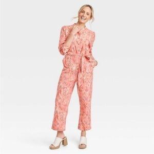 Knox Rose Coral Pink Ikat Long Sleeve Traveling Jumpsuit